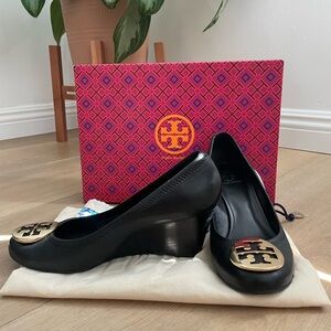 Tory Burch Black Wedges with Gold Accents